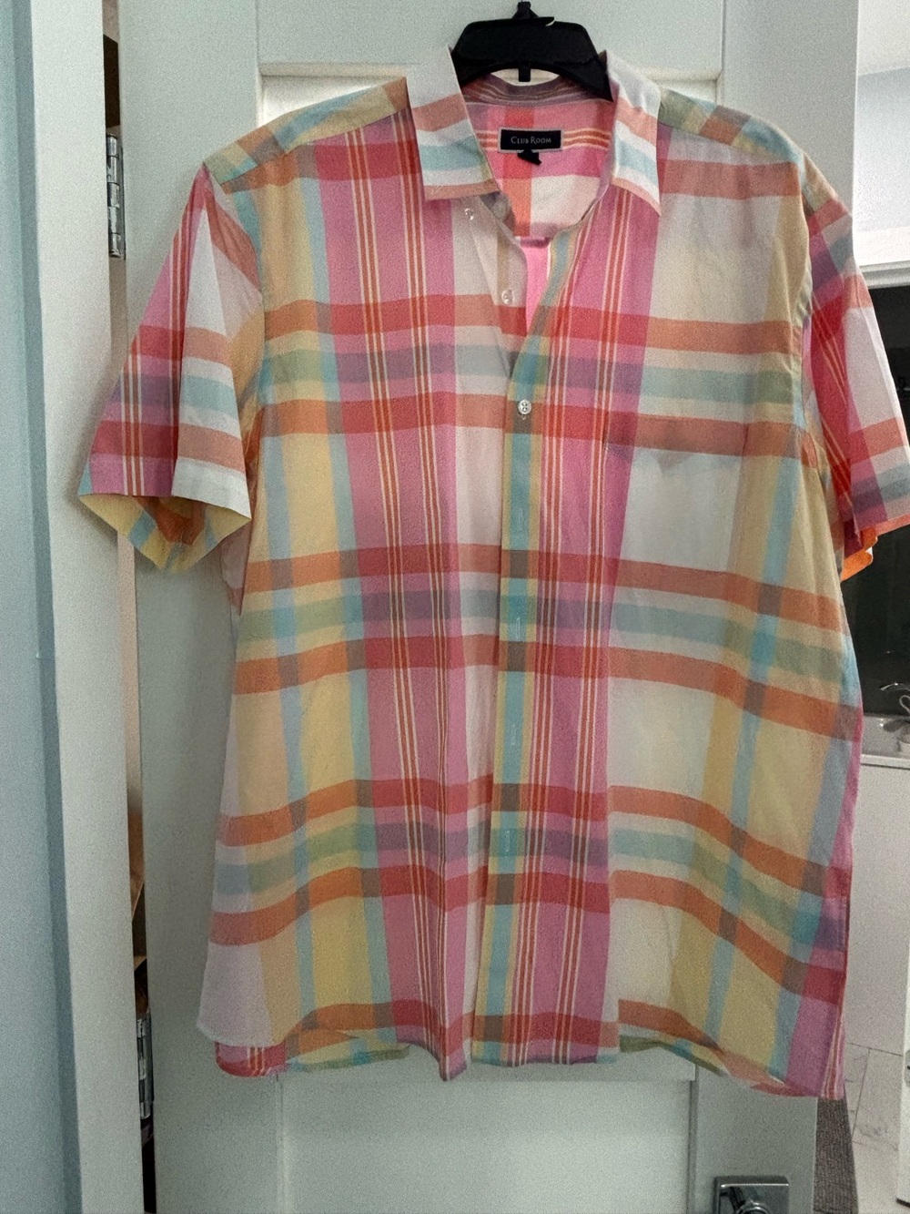 Club Room Plaid Short Sleeve Button-Up Shirt - Pink, Yellow, Blue